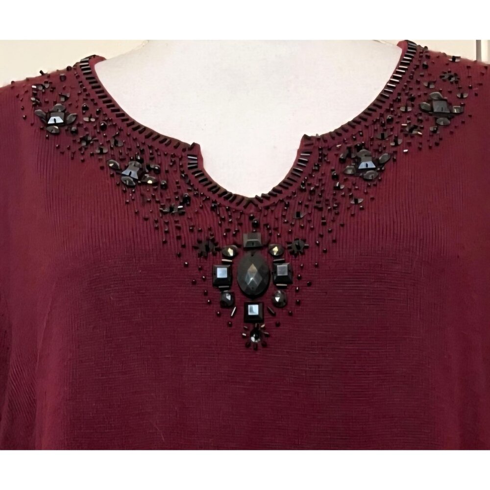 Metro 7 Womens Burgundy Sweater Top Size 18 / 20 Beaded Neckline Plus